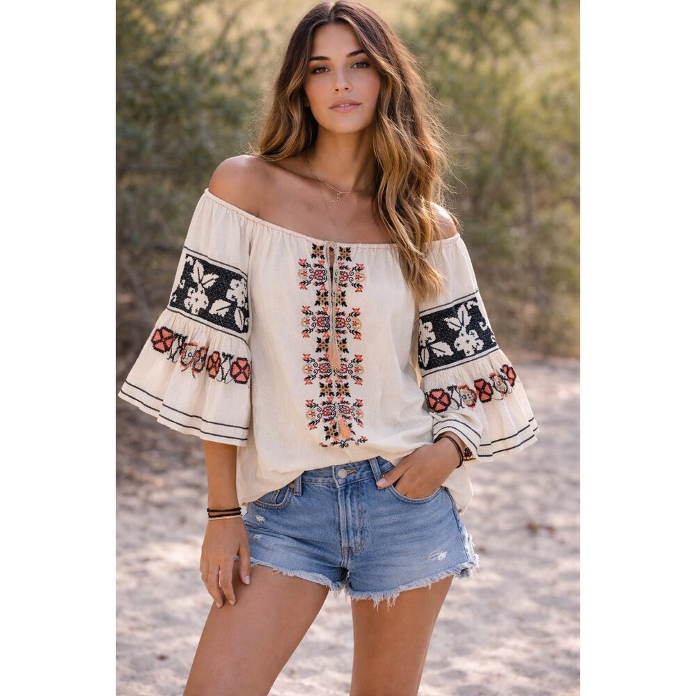 Sophie Max 100% Cotton Embroidered Boho Festival Casual Top Bell Sleeve M Crop